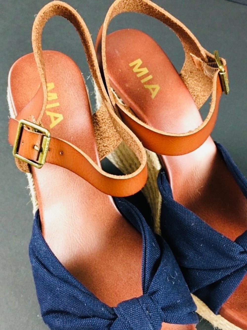 MIA Navy Lorryan Knot Espadrille Wedge Sandals with Tan Ankle Strap - Picture 7 of 10